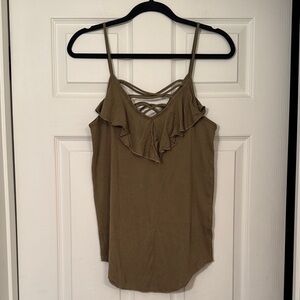 Chaser brand Olive Green double Ruffle Tank top with spaghetti Straps NWT Size L